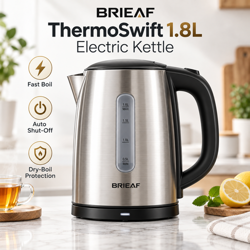 BRIEAF® ThermoSwift 1.8L Stainless Steel Electric Kettle – Rapid Boil, Auto Shut-Off, Dry-Boil Protection, Heat Retention, Cool-Touch Safety & Quiet Easy-Clean Design 🥛