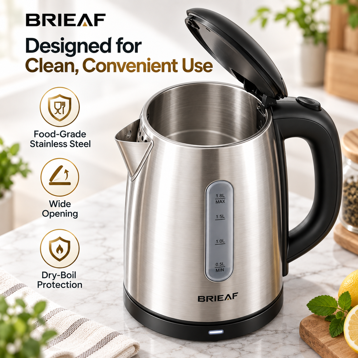 BRIEAF® ThermoSwift 1.8L Stainless Steel Electric Kettle – Rapid Boil, Auto Shut-Off, Dry-Boil Protection, Heat Retention, Cool-Touch Safety & Quiet Easy-Clean Design 🥛