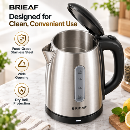 BRIEAF® ThermoSwift 1.8L Stainless Steel Electric Kettle – Rapid Boil, Auto Shut-Off, Dry-Boil Protection, Heat Retention, Cool-Touch Safety & Quiet Easy-Clean Design 🥛
