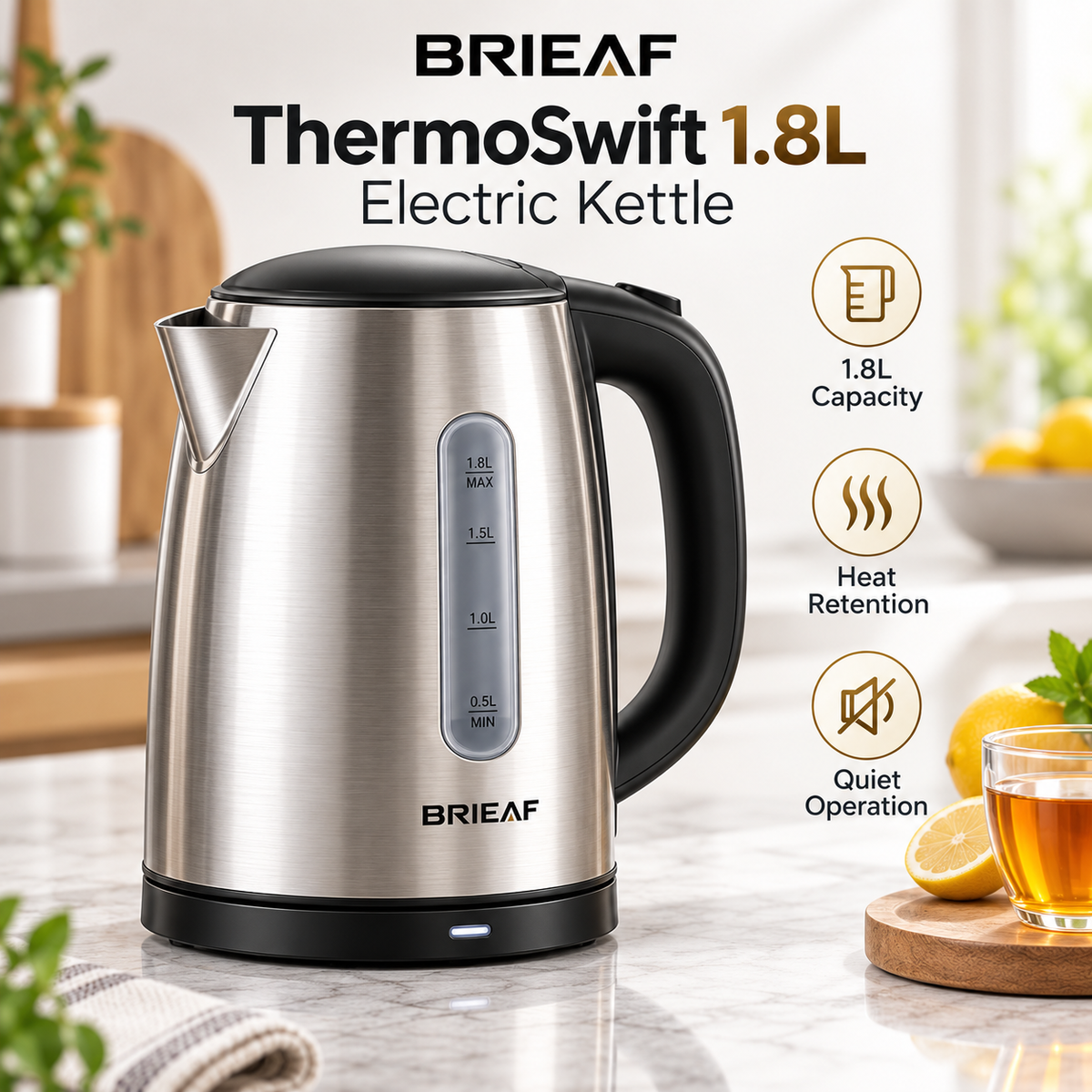 BRIEAF® ThermoSwift 1.8L Stainless Steel Electric Kettle – Rapid Boil, Auto Shut-Off, Dry-Boil Protection, Heat Retention, Cool-Touch Safety & Quiet Easy-Clean Design 🥛