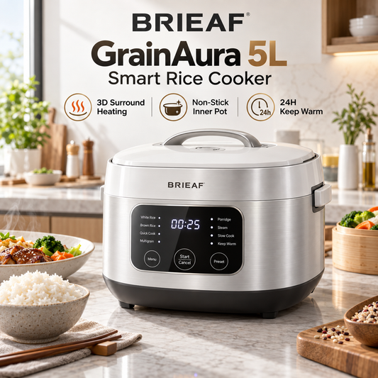BRIEAF® GrainAura Max 5L Smart Rice Cooker – 3D Surround Heating, Non-Stick Inner Pot, Preset Timer, Keep-Warm, Anti-Overflow & Easy-Clean Family Cooking 🍚