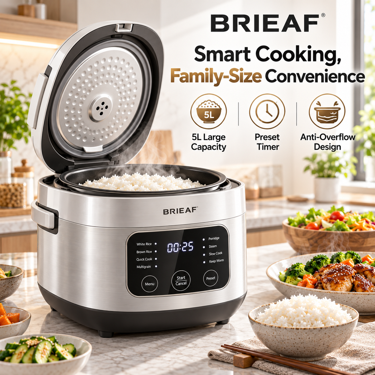 BRIEAF® GrainAura Max 5L Smart Rice Cooker – 3D Surround Heating, Non-Stick Inner Pot, Preset Timer, Keep-Warm, Anti-Overflow & Easy-Clean Family Cooking 🍚