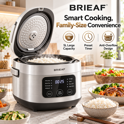 BRIEAF® GrainAura Max 5L Smart Rice Cooker – 3D Surround Heating, Non-Stick Inner Pot, Preset Timer, Keep-Warm, Anti-Overflow & Easy-Clean Family Cooking 🍚