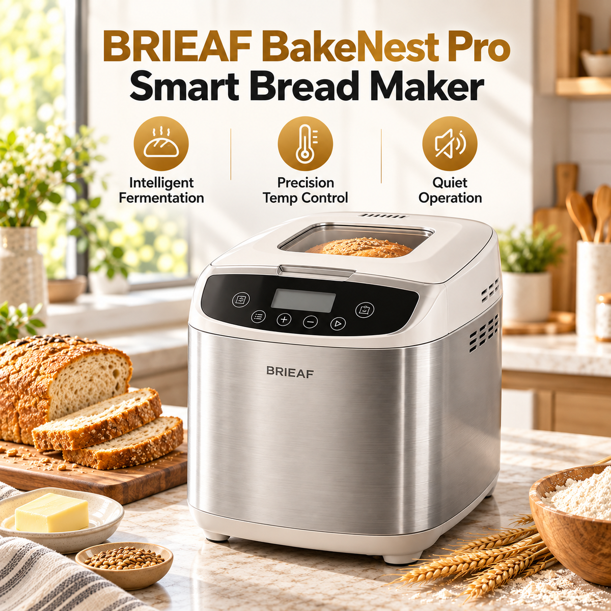 BRIEAF® BakeNest Pro Smart Bread Maker – Intelligent Fermentation, Precision Temperature Control, Removable Bread Pan, Quiet Operation & Easy-Clean Toast and Cake Baking 🍞