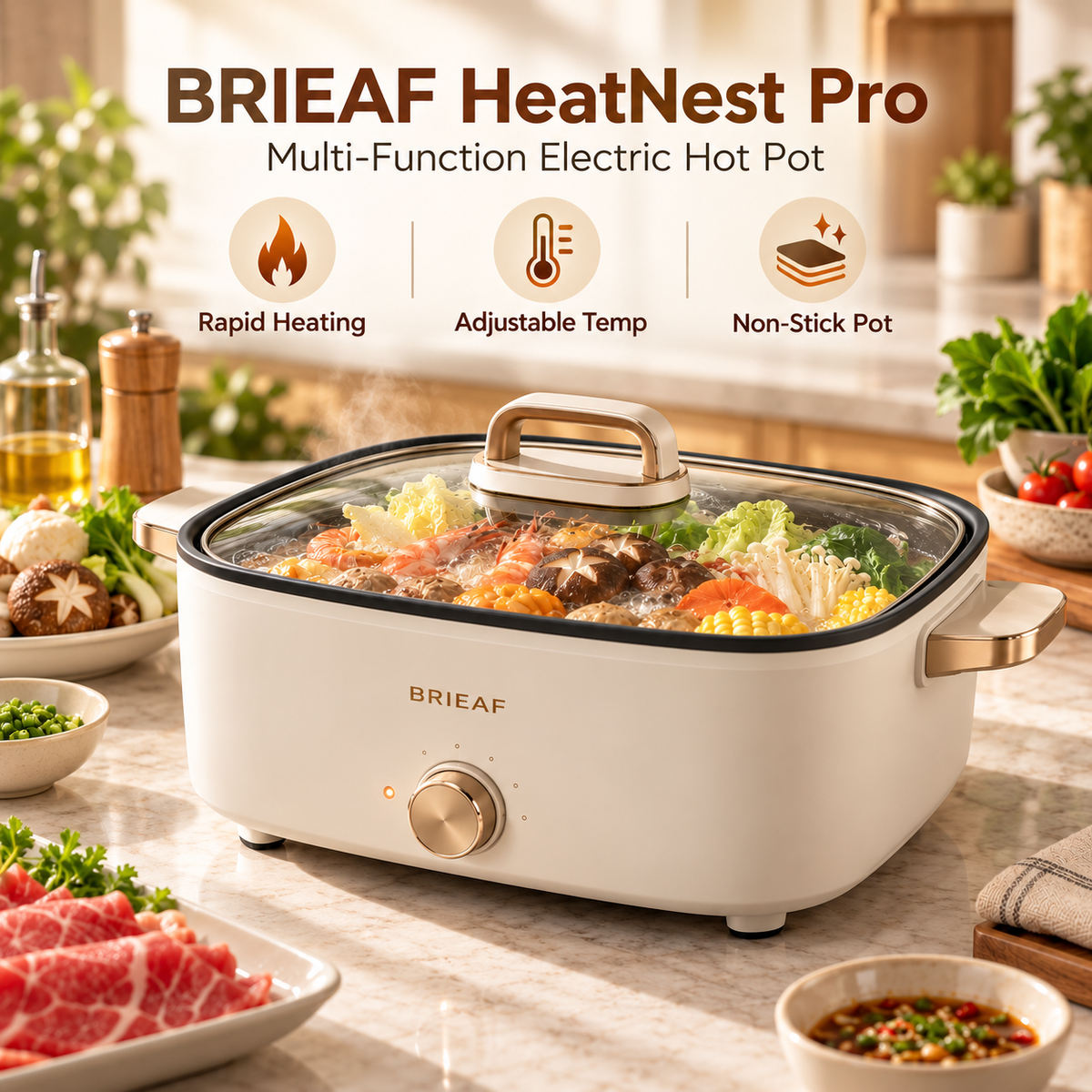 BRIEAF® HeatNest Pro Multi-Function Electric Hot Pot – Rapid Heating, Adjustable Temperature Control, Non-Stick Cooking for Hot Pot, Soup, Stew & Everyday Family Meals 🥑