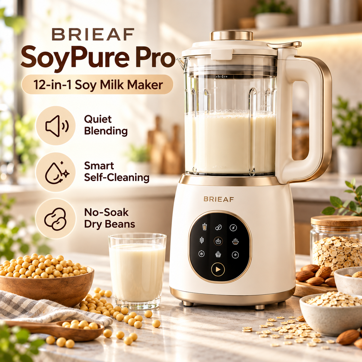 BRIEAF® SoyPure Pro 12-in-1 Soy Milk Maker – Quiet No-Soak Blending, Smart Self-Cleaning, Nutrient-Lock Heating & BPA-Free Plant Milk Preparation ✨