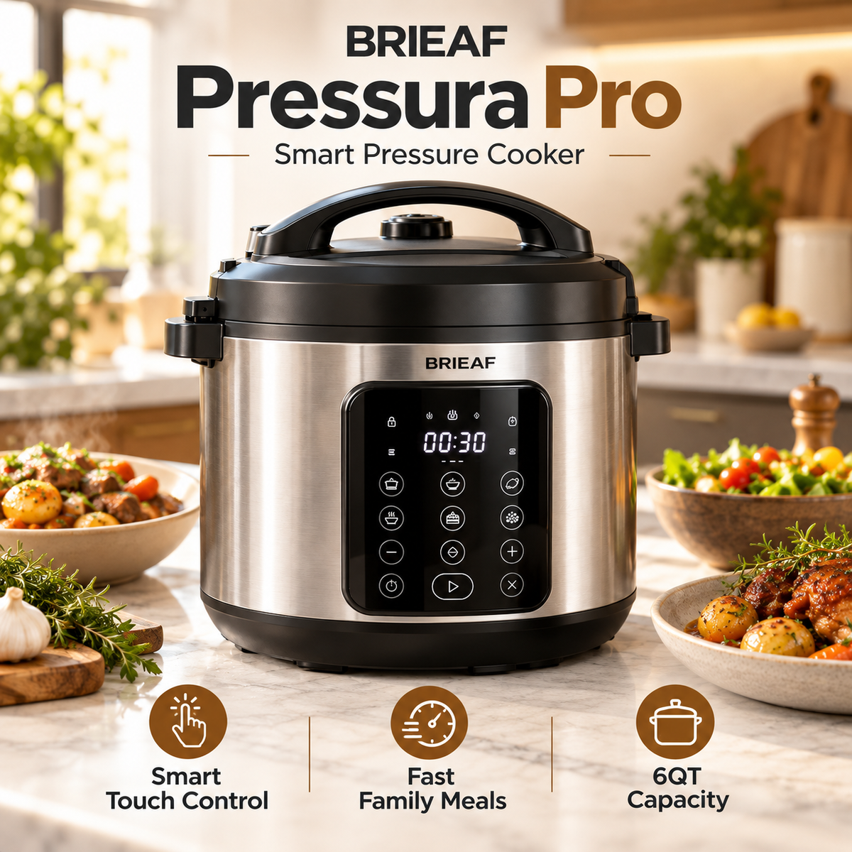 BRIEAF® Pressura Pro 6QT Smart Pressure Cooker – Diamond-Infused Non-Stick Pot, One-Touch Pressure Release, Durable Aluminum Alloy & Energy-Saving Fast Cooking 🌹