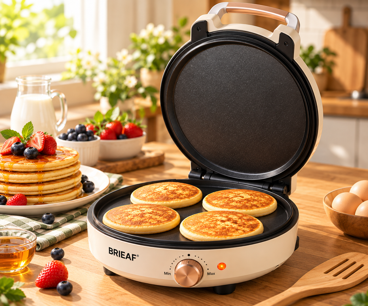 BRIEAF® FlipPro Dual-Sided Electric Pancake Maker – Fast Heating, Adjustable Temperature, Non-Stick Cooking & Compact Design for Breakfast and Snacks 🌿