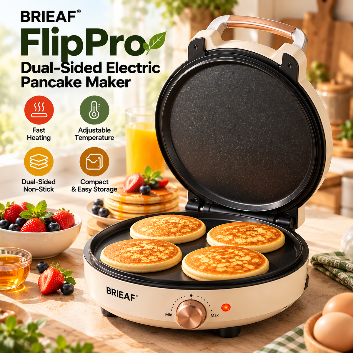 BRIEAF® FlipPro Dual-Sided Electric Pancake Maker – Fast Heating, Adjustable Temperature, Non-Stick Cooking & Compact Design for Breakfast and Snacks 🌿