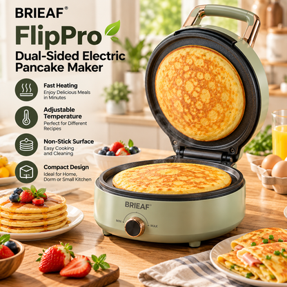 BRIEAF® FlipPro Dual-Sided Electric Pancake Maker – Fast Heating, Adjustable Temperature, Non-Stick Cooking & Compact Design for Breakfast and Snacks 🌿