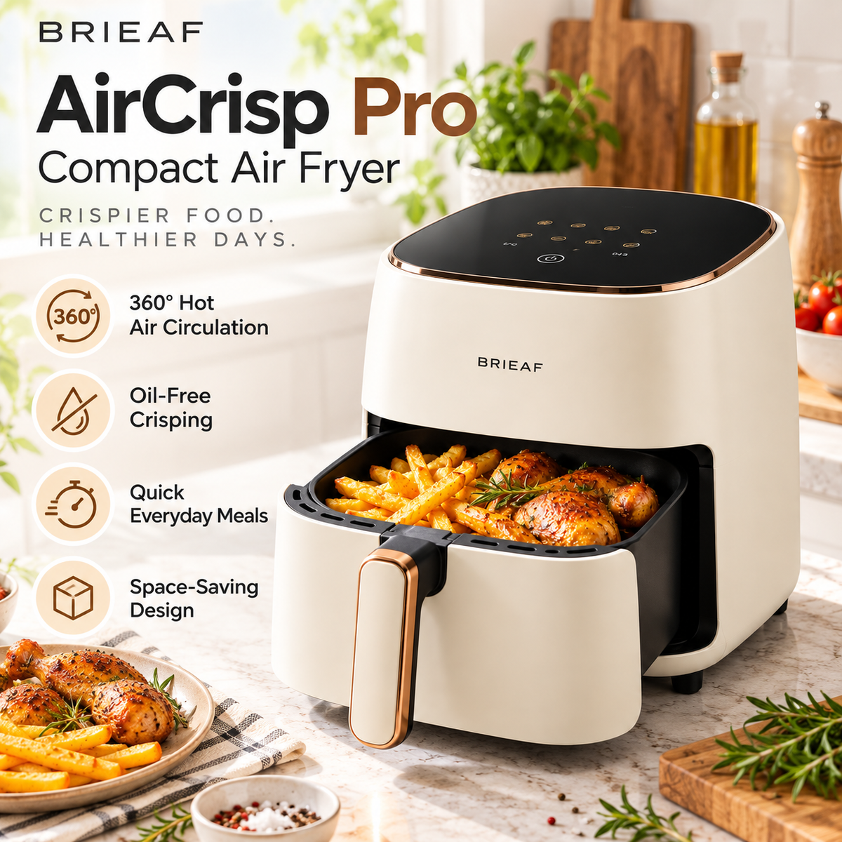 BRIEAF® AirCrisp Pro Compact Air Fryer – 360° Rapid Hot Air Circulation, Oil-Free Cooking & Multi-Function Design for Quick Everyday Meals 🌹