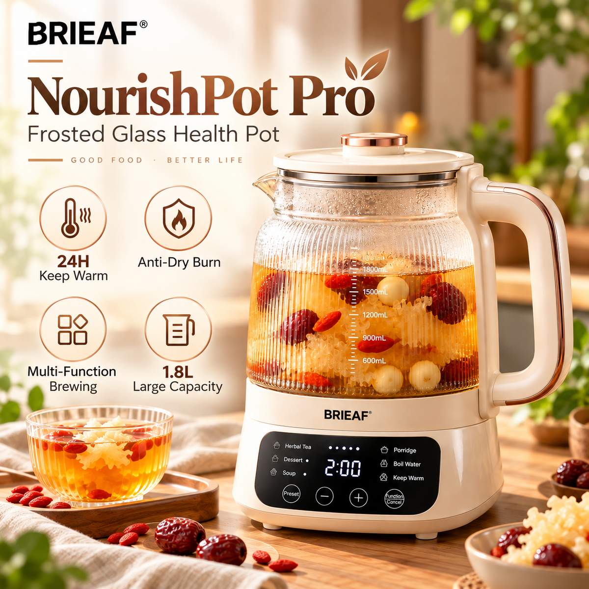 BRIEAF® NourishPot Pro Frosted Glass Health Pot – 24H Keep-Warm, Anti-Dry-Burn Protection & Multi-Function Brewing for Herbal Tea, Soup and Daily Wellness 🌻