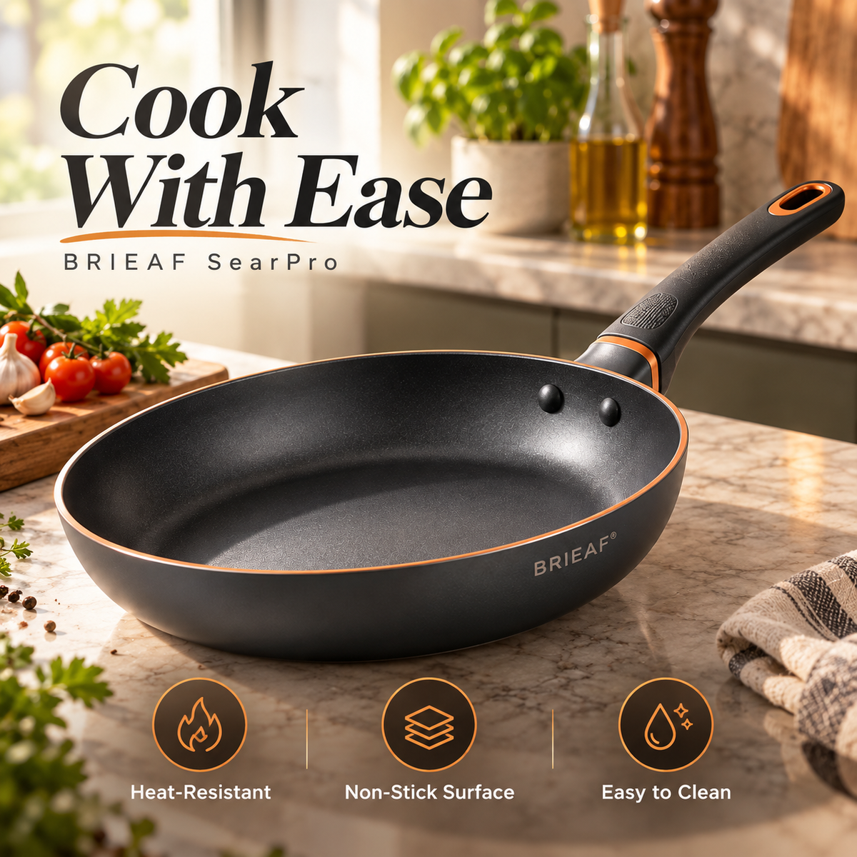 BRIEAF® SearPro Non-Stick Frying Pan – Even Heating, Heat-Resistant Surface, Ergonomic Handle for Omelets, Steaks, Vegetables & Everyday Cooking 🧡