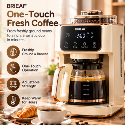BRIEAF® BrewPro Smart Coffee Maker – One-Touch Brewing, Adjustable Strength, Removable Brew Head, Quiet Energy-Saving Operation & Easy-Clean Design for Home and Office ☕