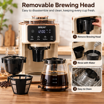 BRIEAF® BrewPro Smart Coffee Maker – One-Touch Brewing, Adjustable Strength, Removable Brew Head, Quiet Energy-Saving Operation & Easy-Clean Design for Home and Office ☕